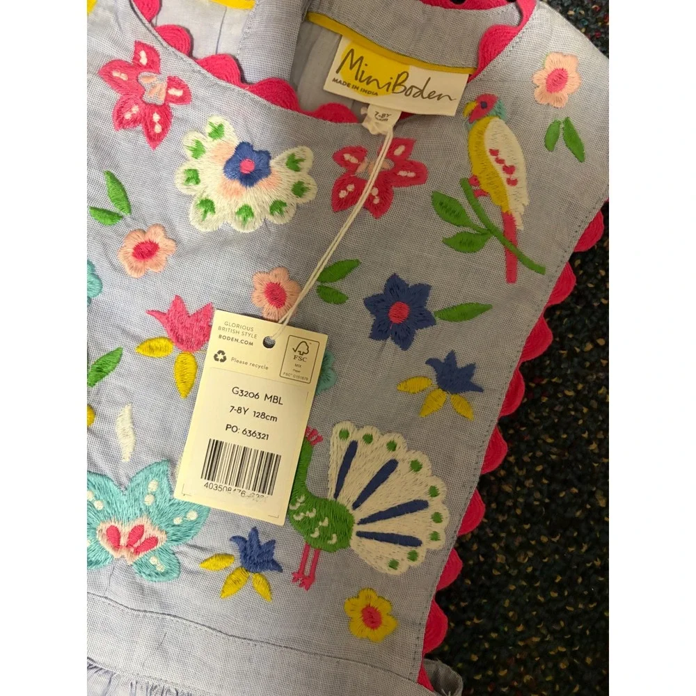 Mini Boden Girls Embroidered Peacock Floral Scallop Dress Blue Pink 7-8Y G3206